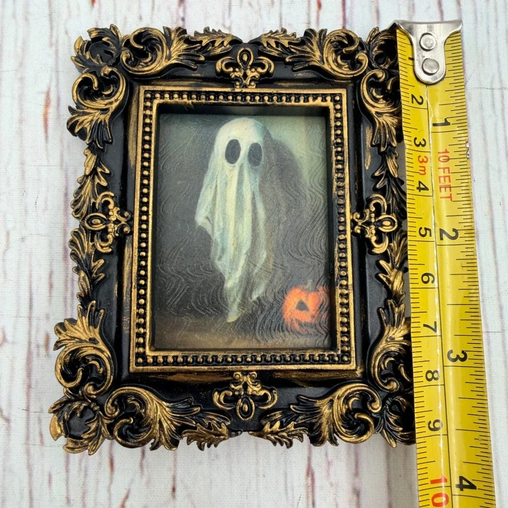 Gothic Ghost Pumpkin Decoupage Art Ornate Gold Black Resin Frame 4x3.5 Mini
